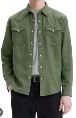 Levi's Men's Green Striped Cotton Pearl Snap Shirt XL Long Sleeve western